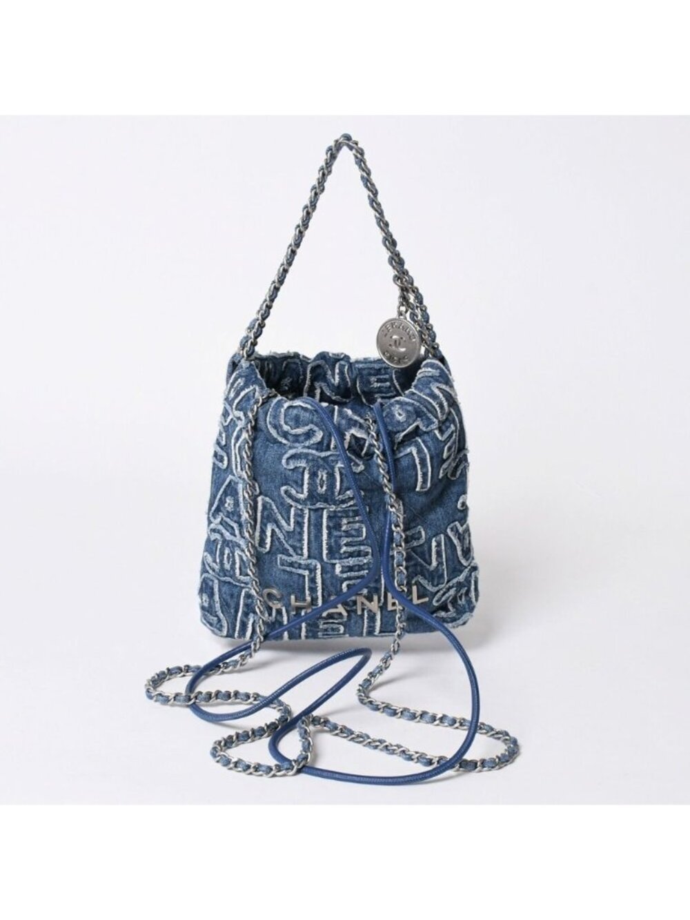 Chanel 22 Mini 2-Way Shoulder Bag CC Logo Denim Blue Silver